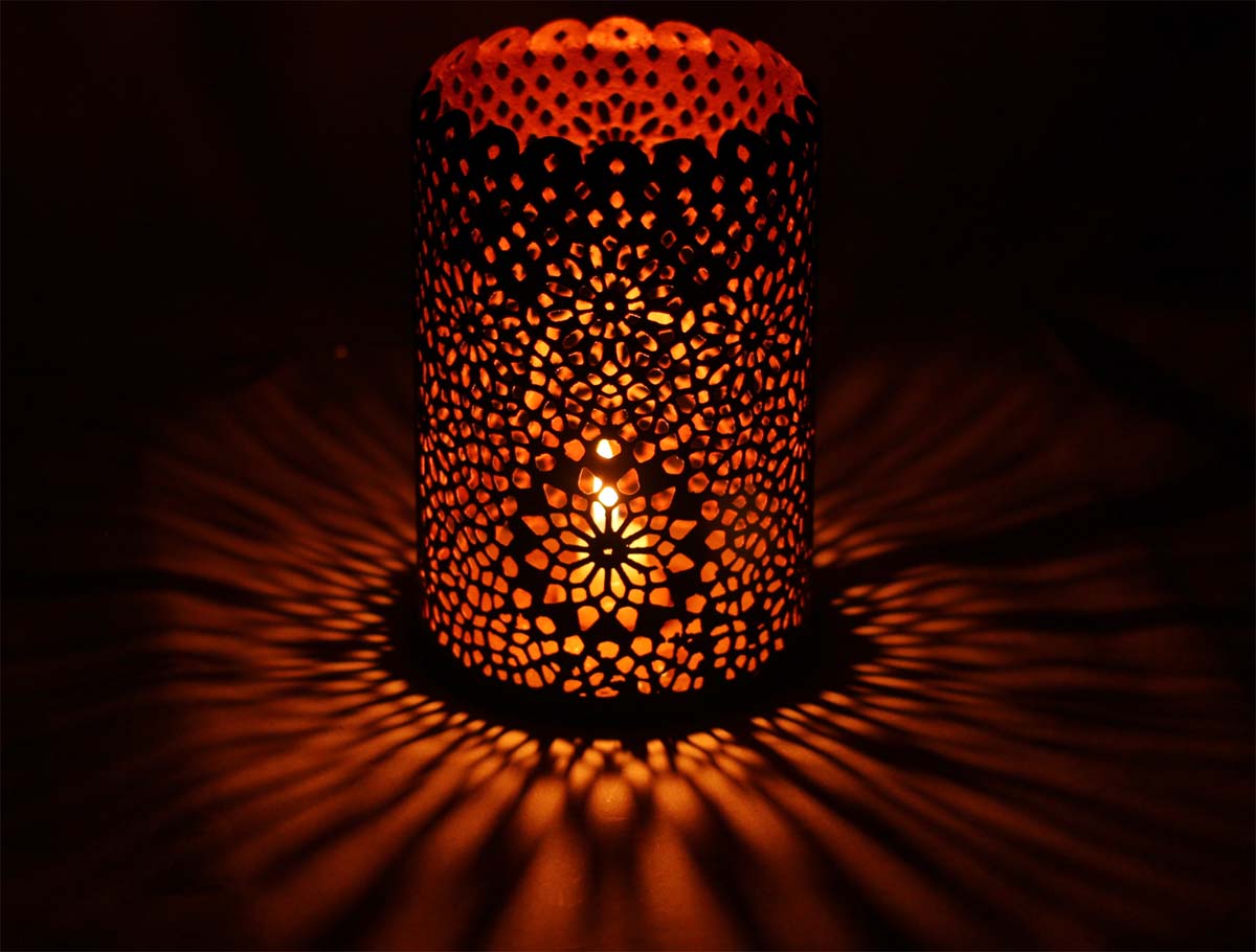 Handmade Tea-Light Candle Holder in Iron - Black & Copper Color Finish - Cylindrical Shaped - Abstract & Floral Motifs Cut-Out Patterning - Metal Votive Candle Stands - Table-Top Decorations - Buy in Bulk Wholesale